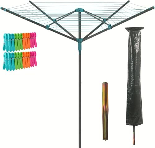 Greenfields 50m Heavy Duty Rotary Washing Line for Outdoor Laundry Drying – 4 Arm Clothes Airer with Free Ground Spike, 24 Pegs & Protective Cover – Ideal for Garden Use