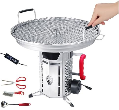 BDJSN Tragbarer Holzofen aus Edelstahl, 3-stufig Verstellbarer Outdoor-Grill mit 40-cm-Grillpfanne, Tragfähigkeit 440 Pfund, vielseitiger High-Tech-Notfall-Campingkocher