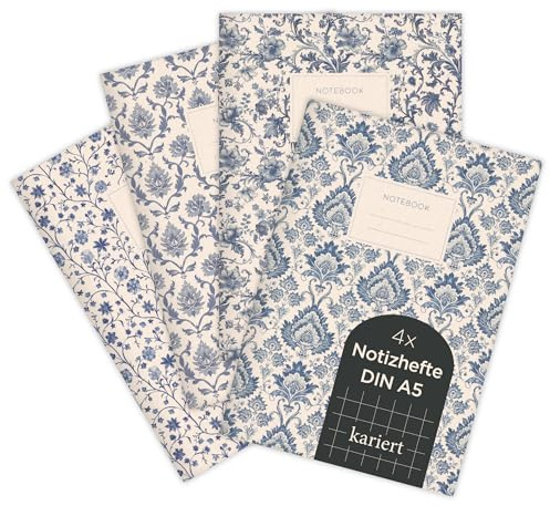 etmamu 1073 4er-Set Notizheft A5 | Ornamente Blumen- und Damastmustern | für Notizen, Skizzen, Bullet Journal & Planungen | Kariert