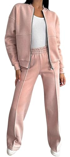JOASDAO Set da salotto da donna in due pezzi, giacca bomber oversize con cerniera e pantaloni della tuta, set casual abbinati, rosa, L