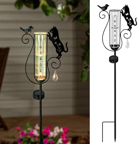 Regenmesser für den Außenbereich, Metall, schwarze Katze, Solarleuchten für den Außenbereich | Vogel-Regenmesser, beste Dekoration für Hof, Rasen, Wege, Gartenpfähle, 17,8 cm Glasrohr