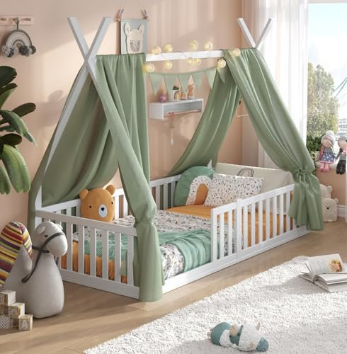 ALAVYA HOME® Kinderbett Hausbett Bodenbett Sky Set mit Deko und Matratze I FSC® zertifizierte inkl. Rausfallschutz & Lattenrost (Hausbett mit Deko Khaki und Matratze, 80 x 160 cm)