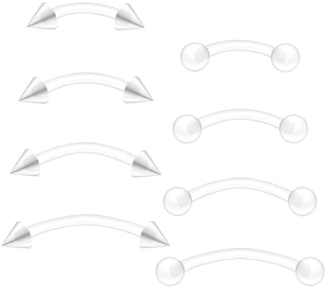 Gojewen Lot de 8 barres de retenue incurvées transparentes 16G en plastique pour sourcils lèvres hélix tragus Rook Bars Spike 6/8/10/12mm en acrylique Bioflex Piercing