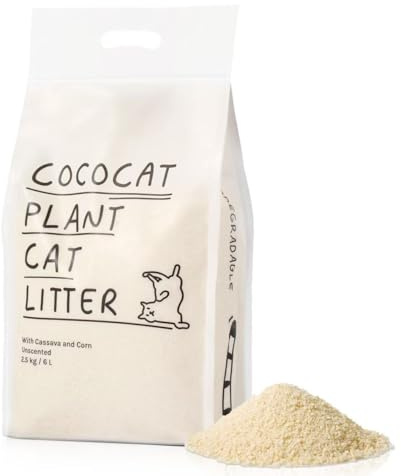 Cococat Arena para gatos de yuca, hecha para cajas de arena automáticas (bolsa de 2,5 kg/6 litros), fuerte aglomeración, sin perfume para un excelente control de olores, sin polvo, fácil recogida