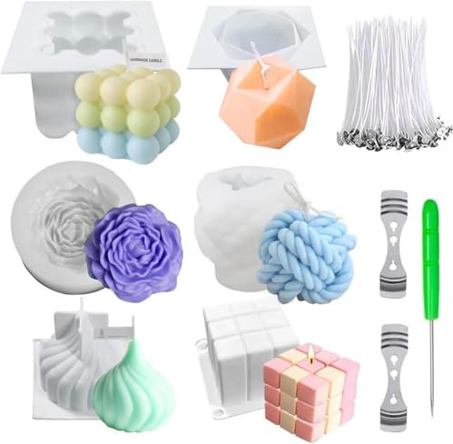 6 Stück Kerze Formen, 3D DIY Kerzen Gießen Formen, Silikonform Kerzen mit Docht und Dochthalter, Silikonform Kerzen für Handwerk Dekoration, DIY Duftkerzen