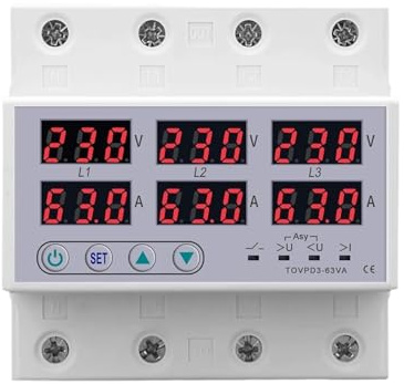 Voltmetro Amperometro Trifase 3P+N Su Guida DIN Regolabile, Protezione Limite Di Corrente Da Sovratensione E Sottotensione, Relè Di Monitoraggio, Protettore(63A without N 380V)