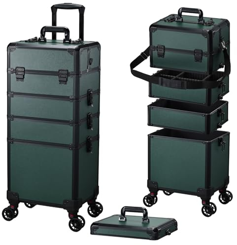 Maleta Maquillaje 5 en 1 Maletín Maquillaje Maleta de peluquería Maletín Cosméticos con Ruedas Caja de Maquillaje para maquilladores, peluqueros y manicuristas, Verde Oscuro