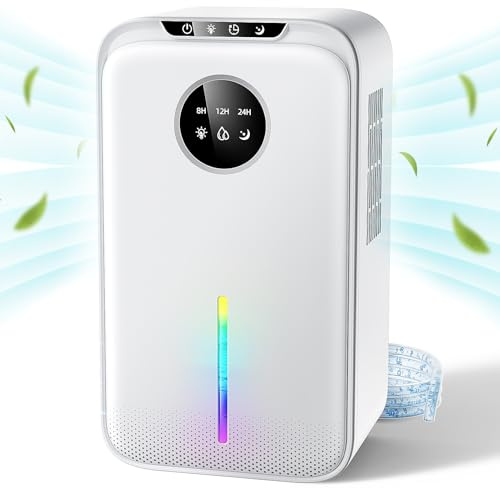 Déshumidificateur d'air, 2500ML Deshumidificateur Electrique Silencieux avec Tuyau 24H Sommeil Timer,LED 7 Colorées,Arrêt Automatique,700ml /jour Pour Bain,Chambre à Coucher,Armoire