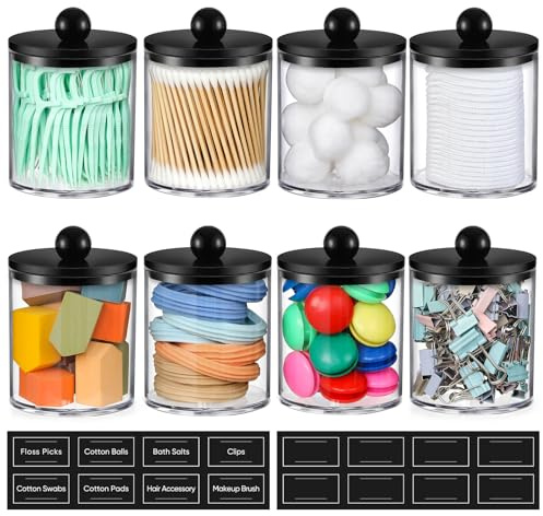 8 Pack Acrylic Qtip Holder Dispenser for Cotton Swabs, Balls, Pads, Floss - Plastic Canister Apothecary Jar Set, Bathroom Essentials Accessories Decor Vanity Makeup Storage Organizer - Clear & Black