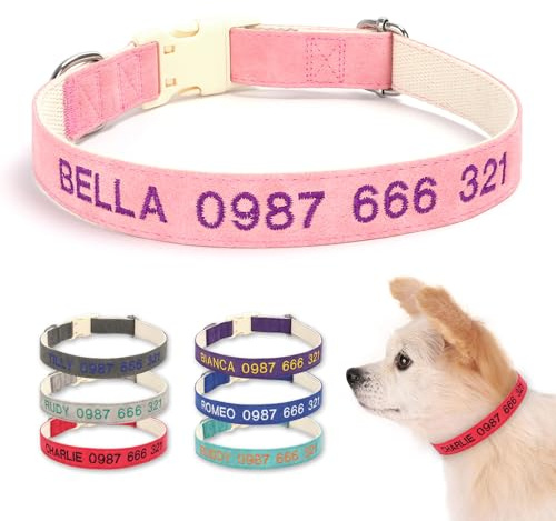 Personalisiertes bestickter Hundehalsband mit weichem Lederpolster Rosa | Mit Name, Telefon und Adresse gravierbar; geräuschloses, wasserdichtes Design für kleine, mittlere und große Hunde & Katzen