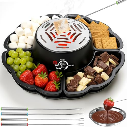 VexNook 2-in-1 Smores Maker & Schokoladenfondue Set – S'Mores Set für Innenräume, Flammenloser Röster mit 4 Abnehmbaren Tabletts & 4 Grillgabeln, für Partys und Geschenke