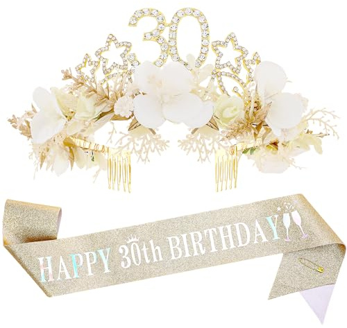 PartyforU Geburtstagskrone Schärpe für Frau, Weiß-Golden Blumen Tiara Stern Geburtstags Krone Haarband und Happy Birthday Schärpe, 30 Geburtstagsgeschenk für Frauen