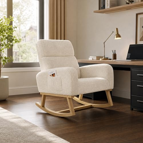 HYNHXBP Mecedora, Mecedora con Bolsillos Laterales, Patas de Madera Maciza, sillón, Ideal para el salón y el Dormitorio (Beige)