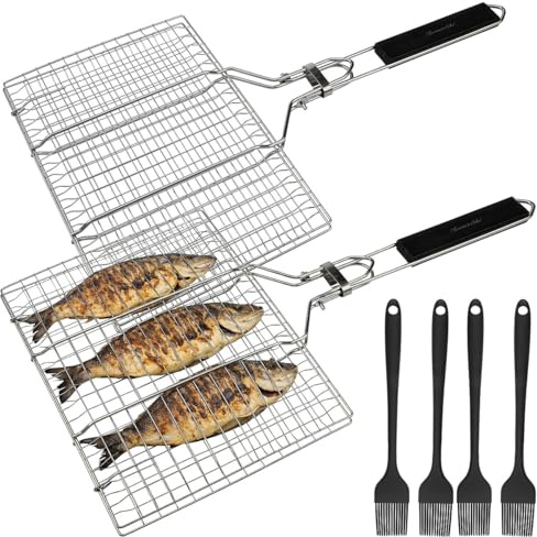 Rosenstein & Söhne Fischgrillzange: 2er-Set Faltbare Edelstahl-Fischbräter, Grillkorb für Fisch und Gemüse (Fischgrillgitter, Fischgriller, Picknick)
