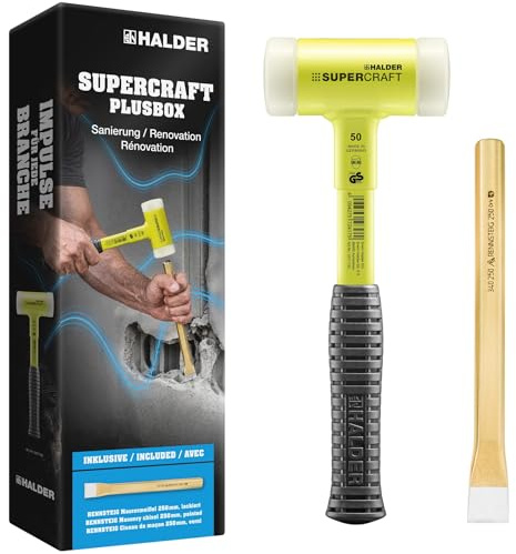 SUPERCRAFT-Plusbox Sanierung, SUPERCRAFT-Schonhammer D50 mit bruchsicherem Stahlrohrstiel, gelb-fluoreszierend beschichtet plus RENNSTEIG Maurermeißel | 3377s002