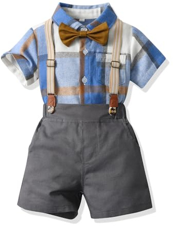 UUAISSO Bimbo Completini e Coordinati Gentiluomo Manica Corta Body Camicie Bretelle Pantaloni Estate Neonato Abiti a quadri blu 12-18 mesi