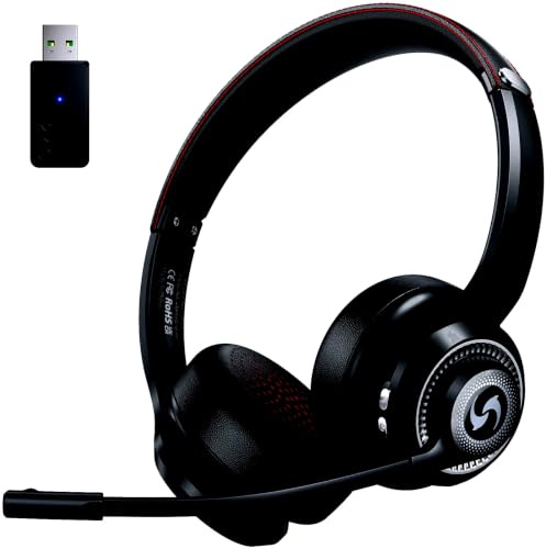 Wireless Headset with Microphone for PC, Bluetooth 5.2 & 2.4G USB Dual-Mode Office Headphones, 50H Battery, Noise Canceling Mic for Laptop, Teams, Zoom, Meeting, Home Office, Vantablack