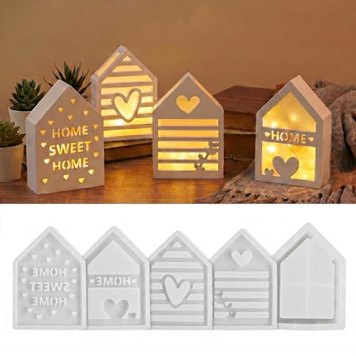 NEWJEK 5er Set Silikonformen Häuser für Raysin, Gips und Epoxidharz | 4 Modelle mit Bodenplatte für Lichthaus, Beton, Keramikpulver, Weihnachtsdeko, elastisch, wiederverwendbar
