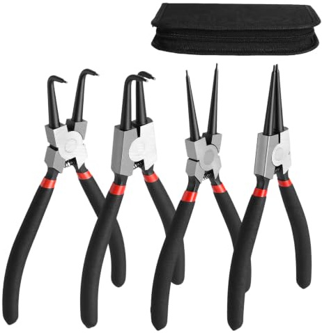 Sprengringzangen Set, 4 Stück 180mm Sicherungsringzange aus Kohlenstoffstahl mit Aufbewahrungstasche, gerade & gebogene Seegeringzange für innen & außen
