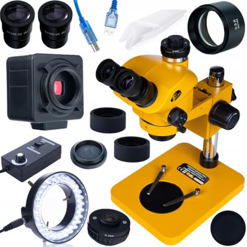 Stereomikroskop Trinokulär 7–50 x grön orange PRO Rosfix Sirius Pro MSSP-T-PS1-O med USB 5MP kameraset, LED-ringljus 56 x, barlow 0,5 x, 102 mm arbetsavstånd, laboratorium, elektronik, kvalitet
