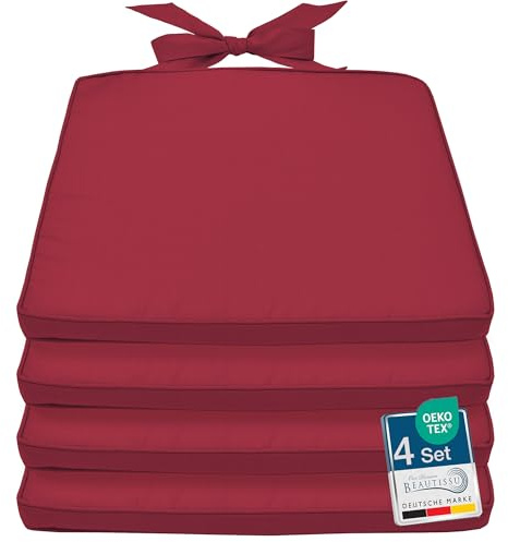 Beautissu 4er Set Stuhlkissen Outdoor Sitzkissen für Rattanstühle Garten | 40x45cm Rot trapezförmig Gartenstuhlkissen Sitzpolster Stuhlauflage gartenkissen Pia