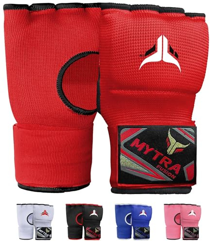 Mytra Fusion Kids under boxningshandskar Gel vadderade boxningssjalar med 76 cm långa snabbkopplingsremmar, elastisk boxningsomslag för MMA, Muay Thai, kickboxning, stansning och kampsport (Red)