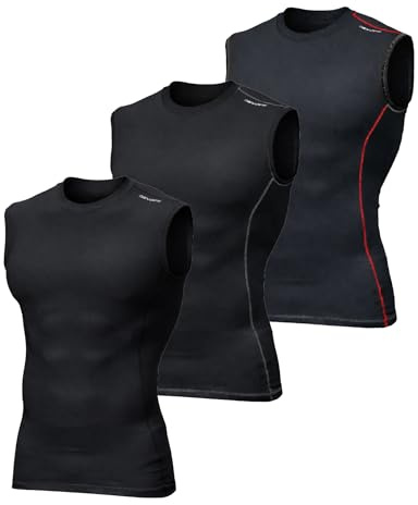 DEVOPS 3 Pack Men's Compression Shirts Sleeveless Workout Tank Top Baselayer for Gym Training, Running, Moisture Wicking (Large, Black/Black/Black)