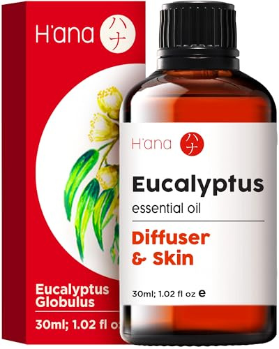 H'ana Ätherisches Eukalyptus Öl für Diffuser, Haut, Luftbefeuchter, Nebenhöhlen und Haar - 100% Reines Eukalyptusöl, mit einem Anregenden Duft (30 ml)