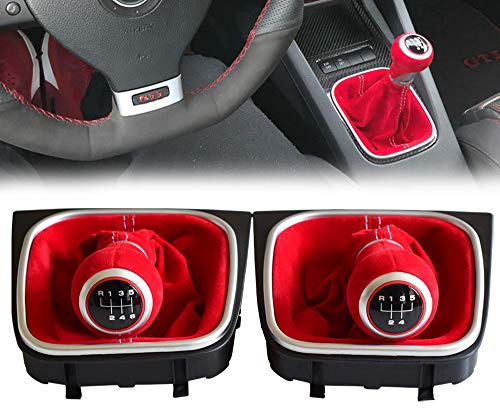 Hacreyatu Schaltknauf + Schaltsack + Rahmen - Rotes Wildleder- 6 Gang für Golf 5 Golf 6 MK5 MK6 R32 GTI 04-09 (6 Gang)