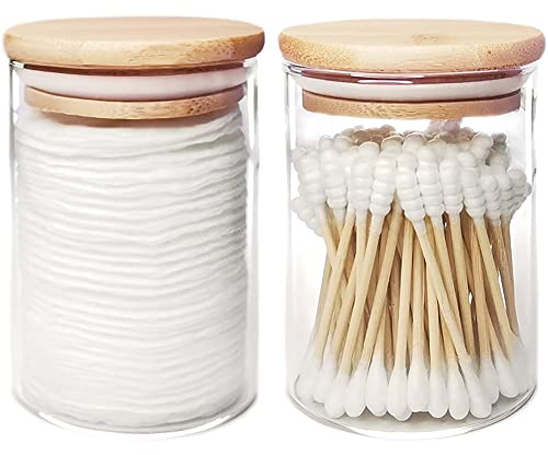 ZYIGYI Glashalter mit Holzdeckel, 284 ml, Apothekergläser, Wattestäbchen-Spender, Wattepad-Kanister für Badezimmer-Aufbewahrung, Organizer, 2 Stück