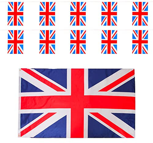 I LOVE FANCY DRESS Union Jack Flag Bunting & Large Union Jack Flag - British Flag Bunting, Union Jack Large Flags 5FT x 3FT, British Hats – VE Day, Queens Jubilee, Britain Celebrations – Pack of 1