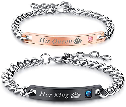 Gleamart 2PCS His Queen Her King Couple Bracelet Set Matching Love Crown Bangles Engraved Bracelets for Valentine's Day Anniversary Black with Rose Gold