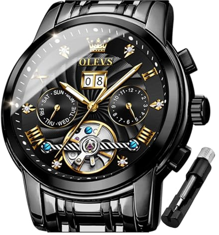 OLEVS Men Automatic Watch Skeleton 5 Hands Mechanical Classic Luxury Multi Calendar Stainless Steel Waterproof Wrist Watch for Men (Black&Black)