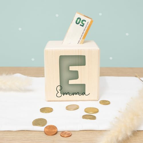 Personalisierte Spardose Buchstabe Mint für Kinder - Aus Holz - 10x10 cm Geburt, Geburtstag, Einschulung, Taufe - Sparschwein Aquarell Motiv für Jungen & Mädchen hellomini