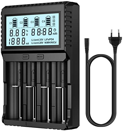 POWXS Universal Batterie Ladegerät, 18650 Akku Ladegerät mit Testfunktionen, LCD-Display Batterien Ladegerät für Li-Ion Lithium IMR NI-MH NI-Cd AA AAA C 26650 21700 18650 16340 14500 10440 RCR123