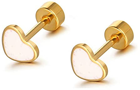18g Titanium Heart Love Earrings for Women Girls Stainless Steel 14k Gold Plated Hypoallergenic Cute Tiny Sequins Stud Cartilage Tragus Screw Back Post Piercing Sensitive Ear (White)
