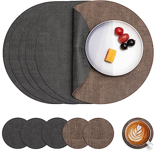 Myir JUN Tischsets abwaschbar Leder und Untersetzer doppelseitig Platzset | Platzset Rund Ø 36cm 6er Set rutschfest Glasuntersetzer Platzdeckchen Kunstleder Tischset (Grau Braun, 6er Set)