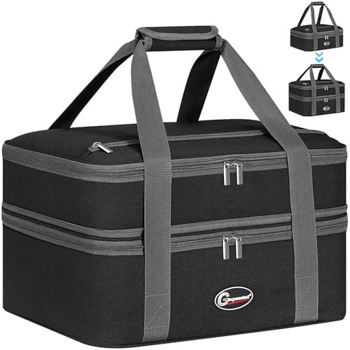 GhvyenntteS Insulated Casserole Carrier, Double Casserole Carriers for Hot or Cold Food Warmer Bag, Lasagna Lunch Bag Keep Food Warm for Potluck Parties, Picnic, Travel, Fits 9x13 Baking Dish, Black
