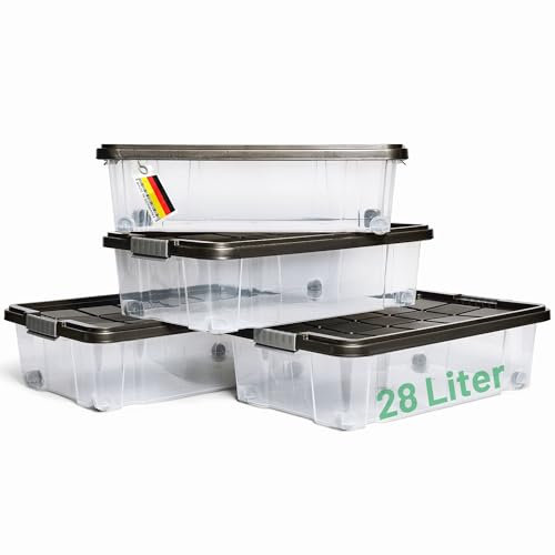 Novaliv 4x Unterbettkommode mit Rollen 28L Aufbewahrungsbox Deckel Anthrazit Nestbar stapelbare mit Clipverschluss Rollkiste BPA-frei 61x40x17 cm