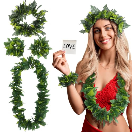 USHOBE Hawaii Girlande Grün Set Mit Stirnband Halskette Und Armbändern Für Luau Party Tropisches Kostüm Sommer Festival Dekoration