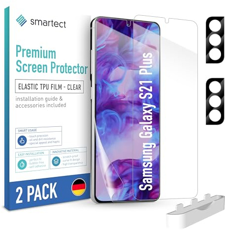 smartect TPU Schutzfolie 2 + 2 Stück für Samsung Galaxy S21 Plus | Displayschutz + Kameraschutz, HD Panzerfolie Anti-Kratzer, Ultra-klar, Blasenfrei, Fingerabdruck kompatibel, Hüllenfreundlich