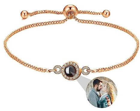 Liskanap Personalisierte Foto Armband Rund Projektion Armband mit Erinnerung Bild im Stein Ich Liebe Dich 100 Sprachen für Damen Freunde Mutter Weihnachten Denkmal Geschenk Silber Rose Gold Schwarz