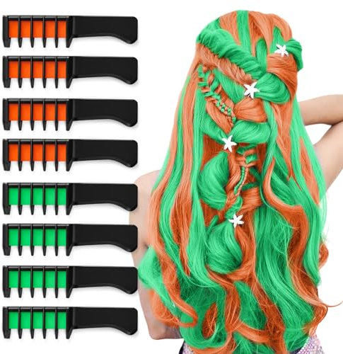 8 PCS Hair Chalks for Girls,Temporary Green & Orange Hair Chalk Comb for 6 7 8 9 10 11 12 Age Girl Kids Gift Washable Brighted Hair Colour Dye Comb for Halloween Christmas Cosplay