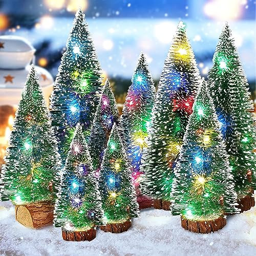 Mini Alberi di Natale, 9Pcs Albero di Natale Artificiale, Albero di Natale in Miniatura, Innevato Miniature Albero di Natale Artificiale Abete Festa di Natale Decorazione,con Lampada Luminosa