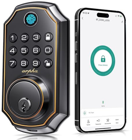 ARPHA Cerradura de puerta de entrada sin llave D280, cerradura de puerta inteligente 5 en 1, cerradura de puerta con teclado con 2 llaves, bloqueo y desbloqueo con un solo toque, bloqueo automático,