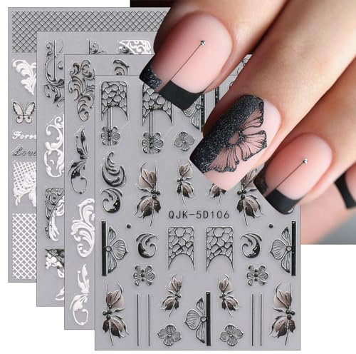 JMEOWIO 3D Blanc Noir Fleur Stickers Ongles Nail Art, Autocollants Ongles Autoadhésif 5D Deco Ongle Nail Art Design Manucure 4 Feuilles