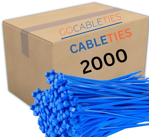 Gocableties Blue Cable Ties, 200mm x 4.8mm, Bulk Pack of 2000, 8” Premium Nylon Zip Ties, Multi-Purpose Plastic Tie Wraps, Secure Self-Locking Mechanism, for Home, Garden, Office and DIY