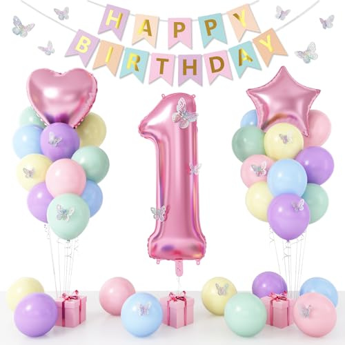 1st Birthday Decoration for Girls, Pastel Macaron 1st Birthday Balloon, Pink Number 1 Balloon with Butterfly Stickers, Star Heart Foil Balloons Banner Set for Baby 1 Year Old Party Decor | Pink Number 1 Balloon with Butterfly Stickers, Star Heart Foil Balloons Banner for Baby Girls 1 Year Old Birthday Party Decor