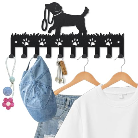 MAYJOYDIY Hunde Kleiderhaken Wandhalterung Hundeleine Metall Schlüsselhalter Für Die Wand 25×12cm 10 Haken Dekorative Hundepfote Schwarze Schlüsselhaken Zum Aufhängen von Mänteln Hüten