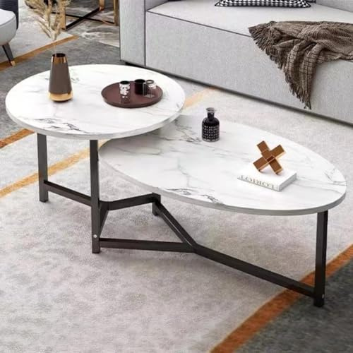 Shally Dogan Tavolino da Caffè con 2 Ripiani Design Luxury Effetto Marmo, Tavolo Basso Elegante Premium Piano Tondo e Ovale 2 Livelli, Ideale per Salotto, Soggiorno, Ufficio (Bianco)